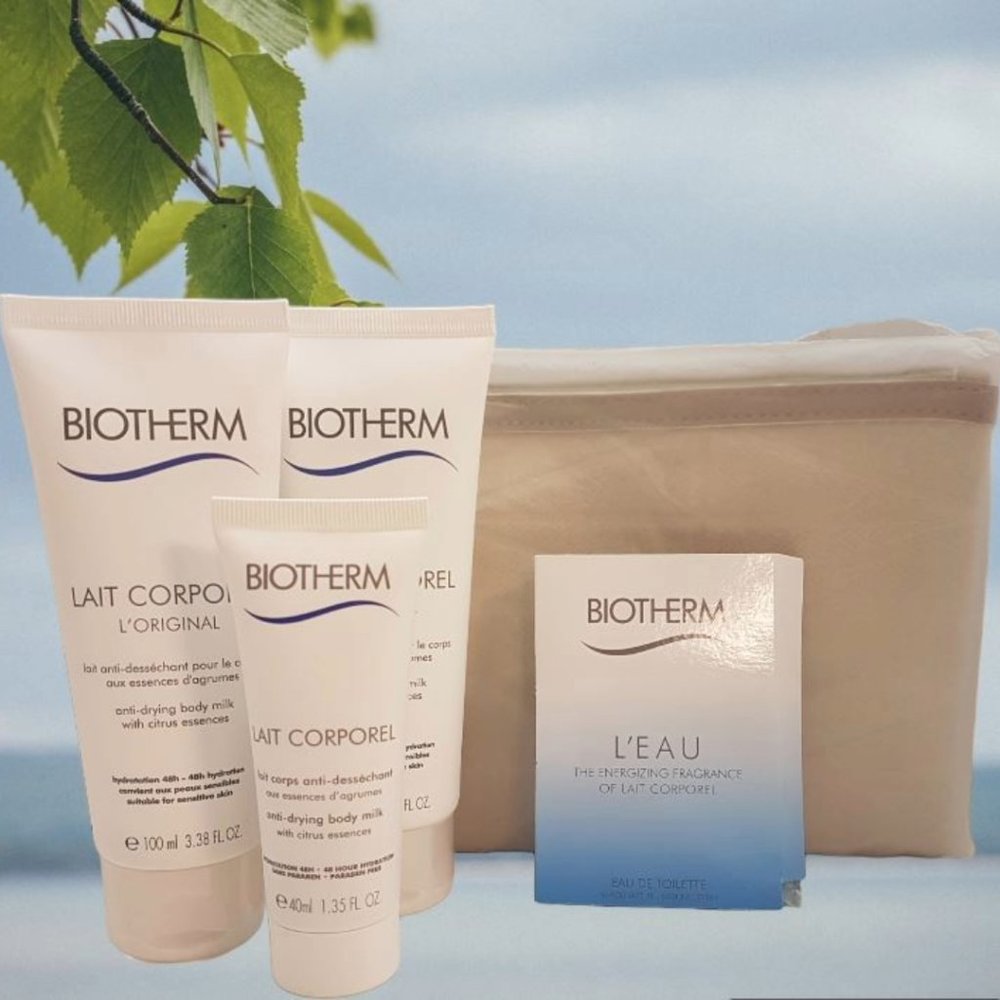5 Piece Biotherm Bundle - Lait Corporel Anti-Drying Body Milk, L'Eau, Travel Bag